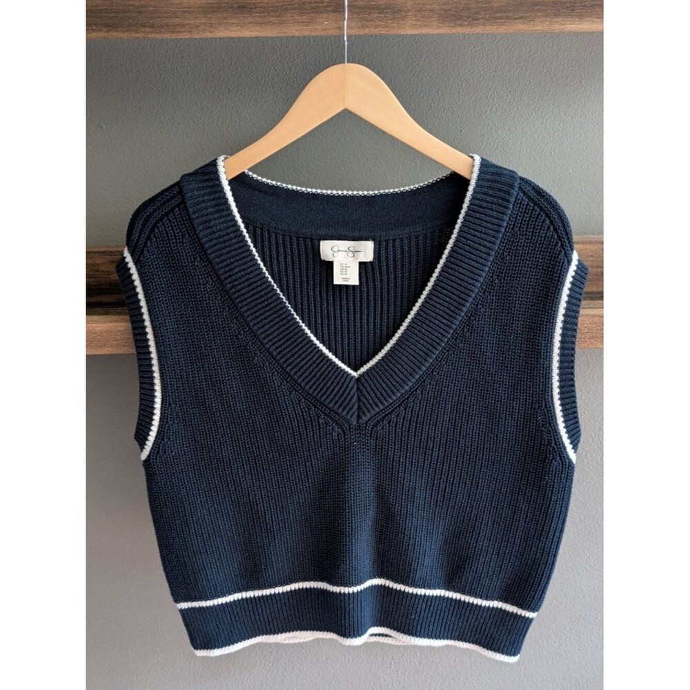 Preppy Varsity Jessica Simpson Navy V-Neck Sweater Vest M NWOT
